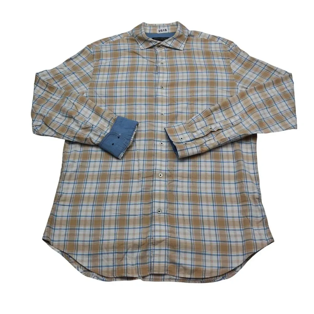 Banana Republic Shirt Mens Large Brown Plaid Button Up Flip Cuff Work Dress